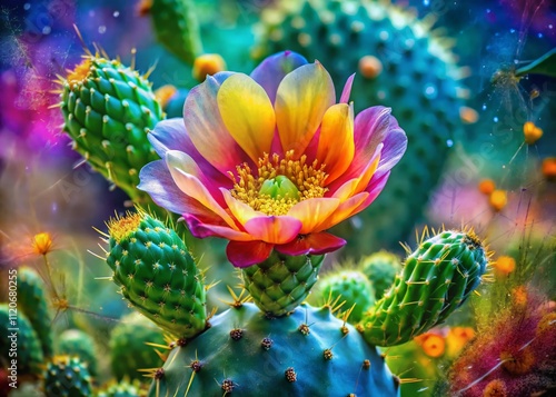 Captivating double exposure of a cactus and vibrant green prickly pear flower, showcasing a unique blend of desert flora and botanical art with striking colors. photo