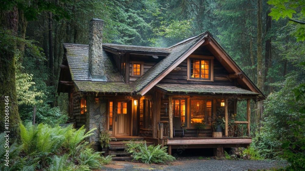 Rustic wooden cabin nestled in a dense forest, a serene example of nature-inspired architecture Rustic wooden cabin nestled in a dense forest, a serene example of nature-inspired architecture