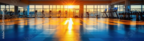 Sunrise fitness session gym studio photography urban environment wide angle view health and wellness concept