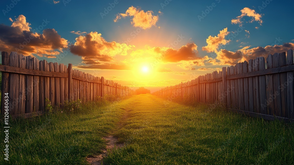 Obraz premium Serene sunset over a grassy path bordered by a wooden fence.