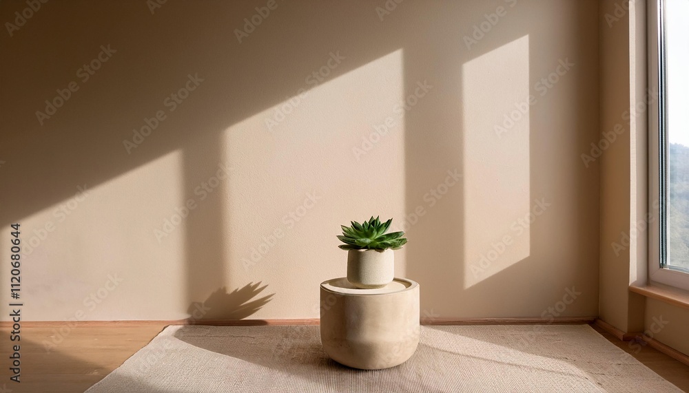 Empty Beige Wall Mockup in Minimalist Interior with Single Stool with a Small Succulent in a Concrete Pot. Natural Daylight From a Window. Promotion Background. Empty Beige Wall Mockup in Minimalist Interior with Single Stool with a Small Succulent in a Concrete Pot. Natural Daylight From a Window. Promotion Background.