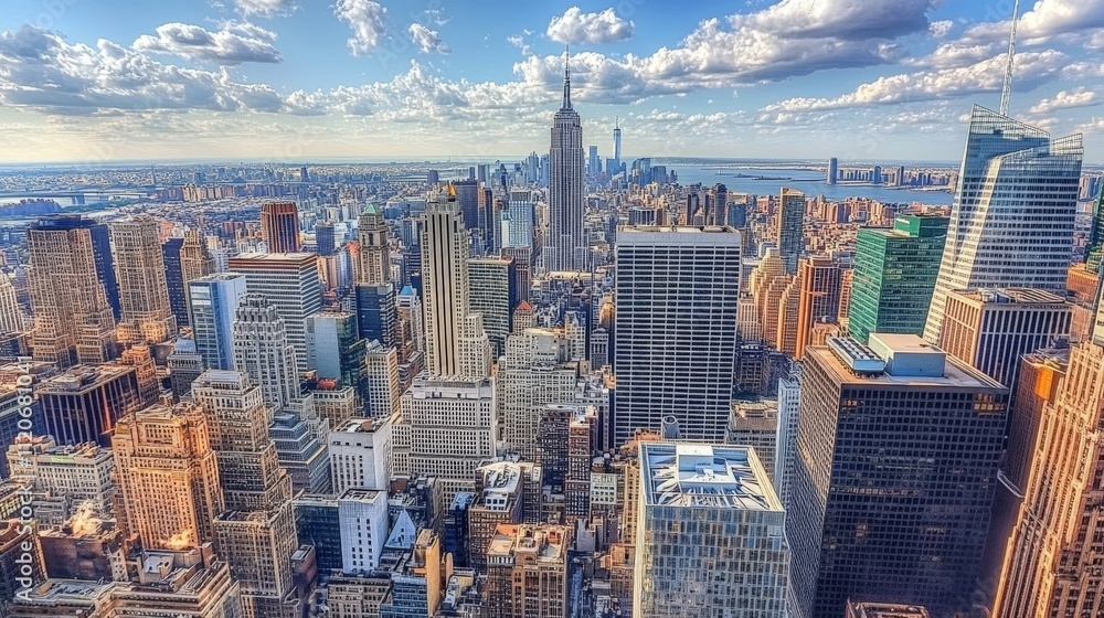 Fototapeta premium Sky-high view of a modern financial district filled with towering skyscrapers