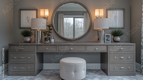 Elegant gray vanity with mirror, lamps, and stool in a modern bedroom. photo