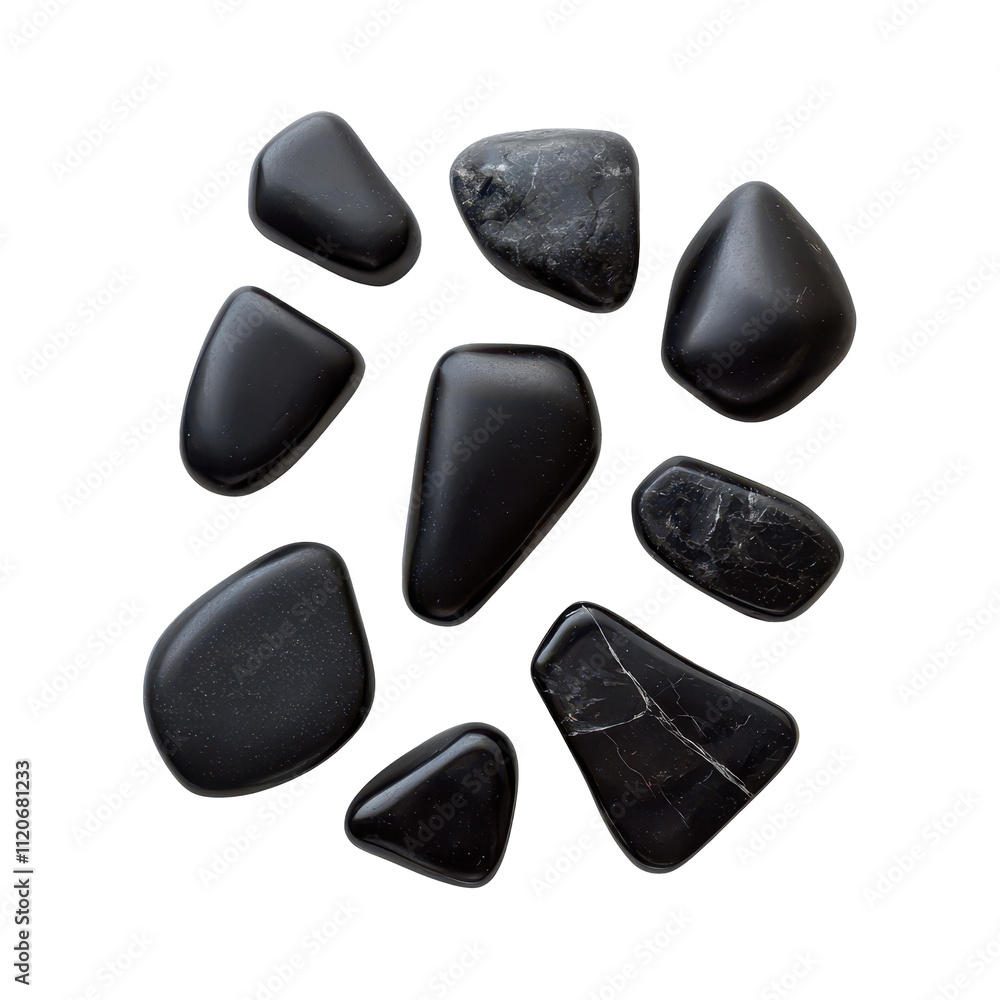 A collection of smooth, black stones in various shapes and sizes, showcasing a natural, polished look. A collection of smooth, black stones in various shapes and sizes, showcasing a natural, polished look.