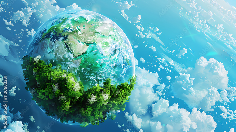 Fototapeta premium Lush Green Planet Surrounded by Clouds
