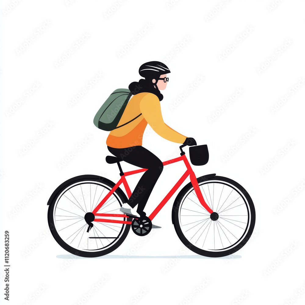 person riding red bicycle with backpack, wearing helmet and glasses, showcasing active lifestyle person riding red bicycle with backpack, wearing helmet and glasses, showcasing active lifestyle