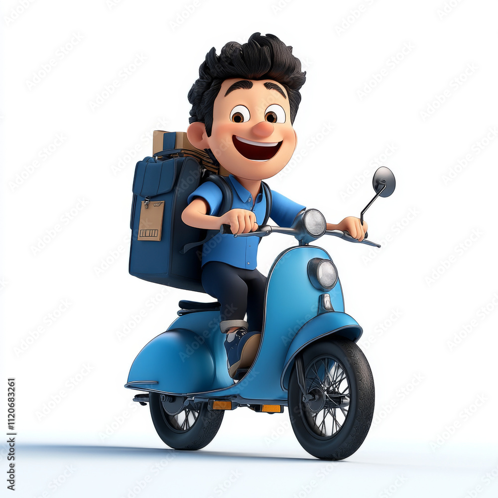 cheerful delivery person riding blue scooter with backpack, ready to deliver packages cheerful delivery person riding blue scooter with backpack, ready to deliver packages