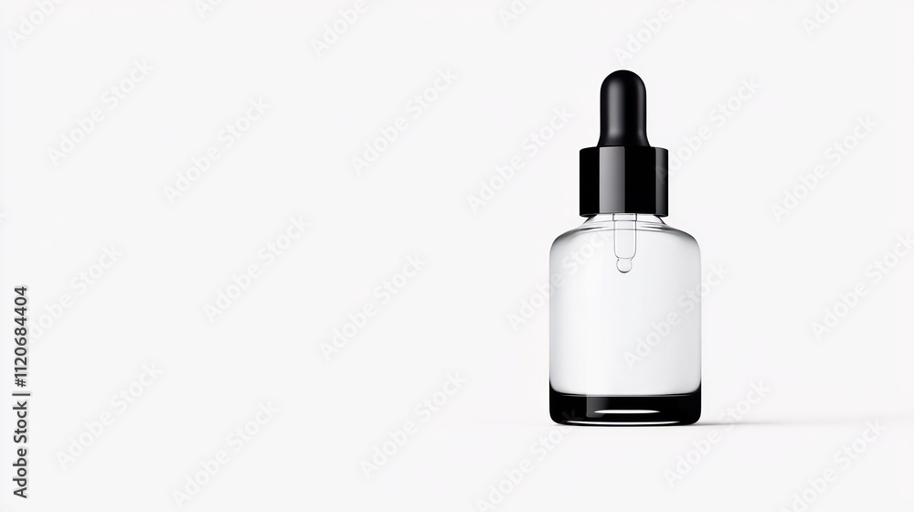 A clear dropper bottle with a black cap on a minimalist background. A clear dropper bottle with a black cap on a minimalist background.