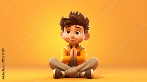 Cheerful Cartoon Boy in a Meditative Pose on a Vibrant Background