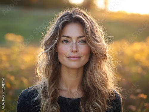 Positive Smiling Asian Woman in Summer Light with Flowing Hair and Dreamy Background