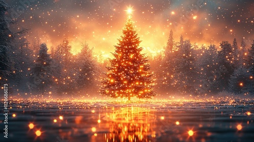 Illuminated Christmas Tree in a Snowy Winter Forest