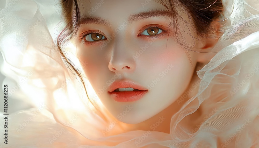 Delicate Asian Woman's Ethereal Beauty Wrapped in Soft Fabric and Light Delicate Asian Woman's Ethereal Beauty Wrapped in Soft Fabric and Light
