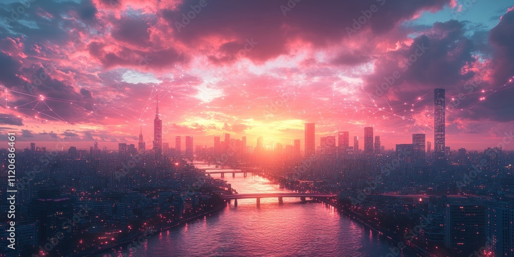 Cyberpunk city nighttime network connectivity bridges river lights technology Cyberpunk city nighttime network connectivity bridges river lights technology