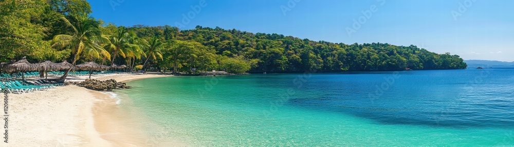 Fototapeta premium Beach relaxation at tropical island paradise destination scenic landscape bright sunshine serene viewpoint nature's beauty