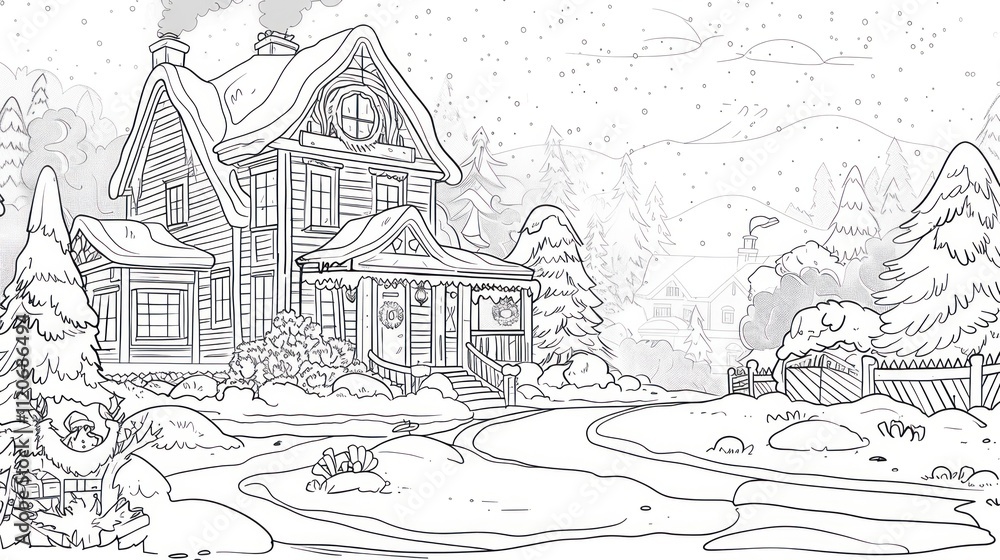 Obraz premium Empty black line drawing of a character, Santa Claus is with reindeer, the background is a house, and it is a cartoon style. for coloring book style hand-drawn coloring. 