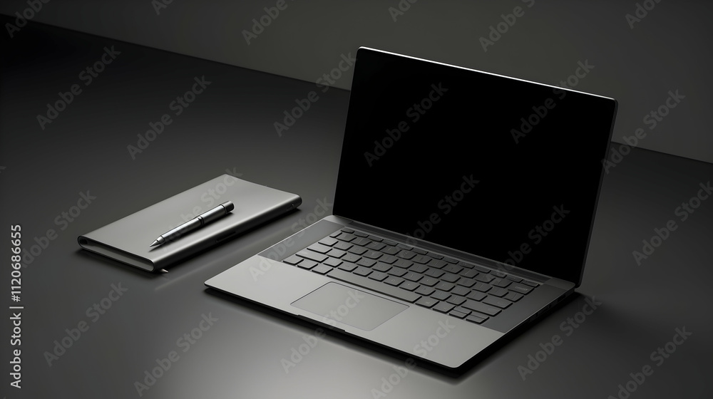 Modern Laptop and Notebook on a Dark Desk Modern Laptop and Notebook on a Dark Desk
