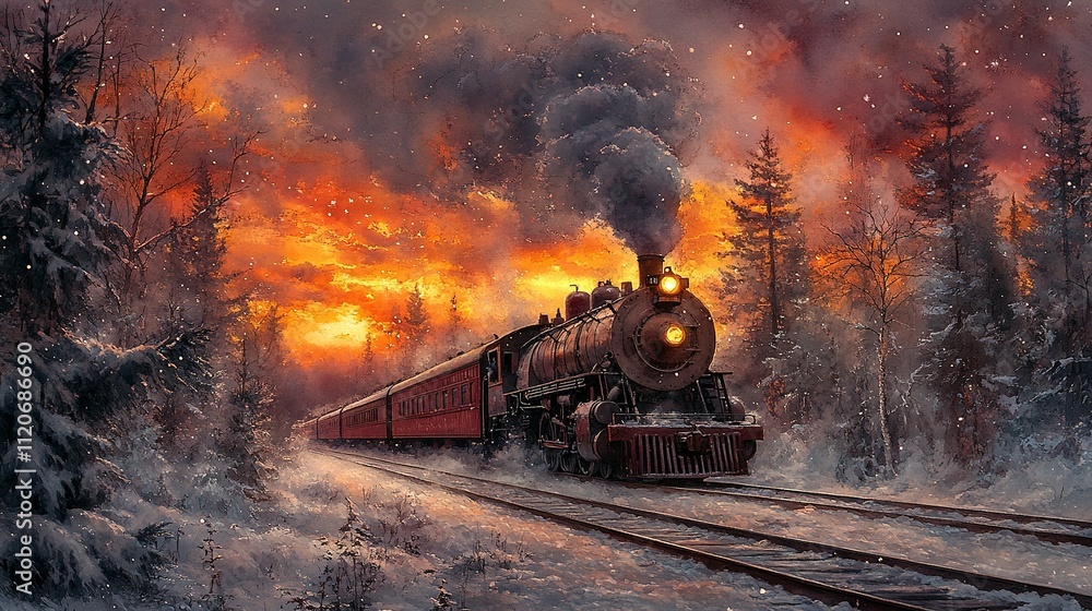 Steam Train Journey Through Snowy Winter Forest at Sunset Steam Train Journey Through Snowy Winter Forest at Sunset