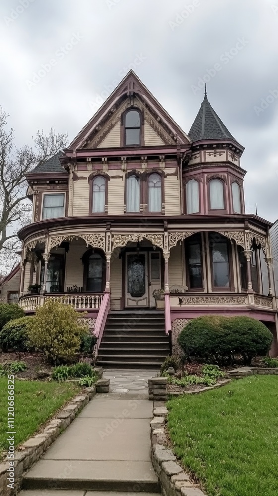 Victorian-style house with ornate trim, bay windows, and a charming front porch Victorian-style house with ornate trim, bay windows, and a charming front porch