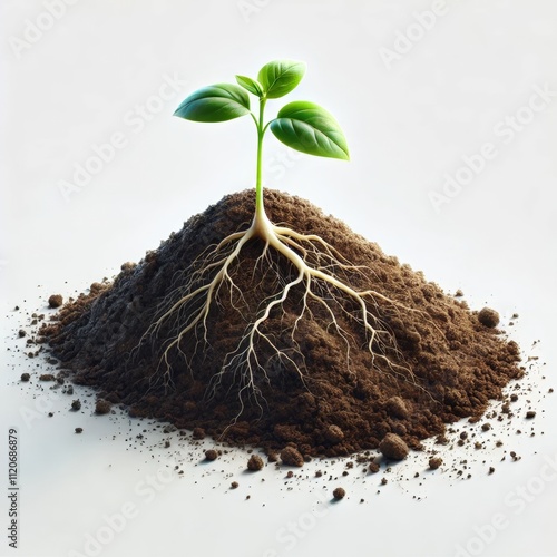 Una representación detallada de una planta joven brotando de un montículo de tierra rica y limpia. Las raíces visibles simbolizan el vínculo entre la vida y el suelo que la sostiene. photo