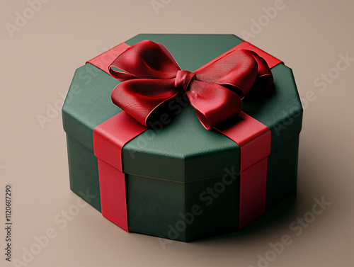 A hexagonal green gift box with a wide red bo photo