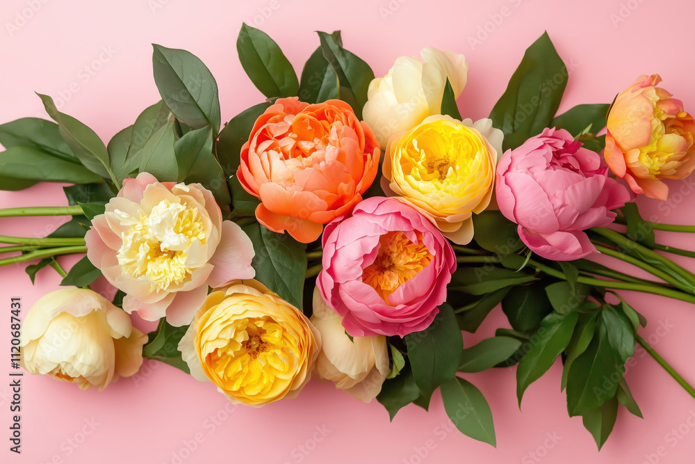 Fototapeta premium Beautiful floral arrangement of various flowers on a pink background