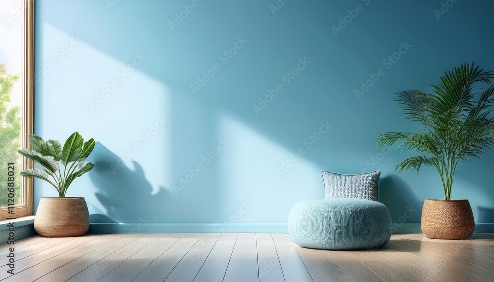 Empty Light Blue Wall Mockup in Scandinavian Interior with Pouf and a Minimalist Planter. Natural Daylight From a Window. Promotion Background. Empty Light Blue Wall Mockup in Scandinavian Interior with Pouf and a Minimalist Planter. Natural Daylight From a Window. Promotion Background.