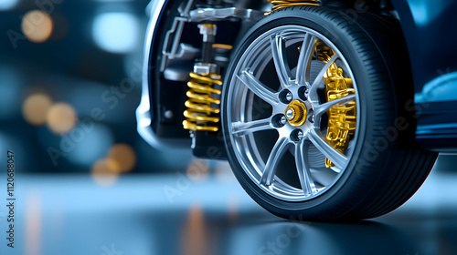 Spirals, curves, repair core, light black and indigo, and auto bodywork style are all used to depict and photograph the car's suspension.