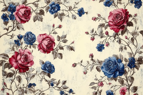 Wallpaper Mural Vintage Floral Pattern Floral Design Seamless Wallpaper Elegant Red Blue Roses Wildflowers Romantic Motifs Torontodigital.ca