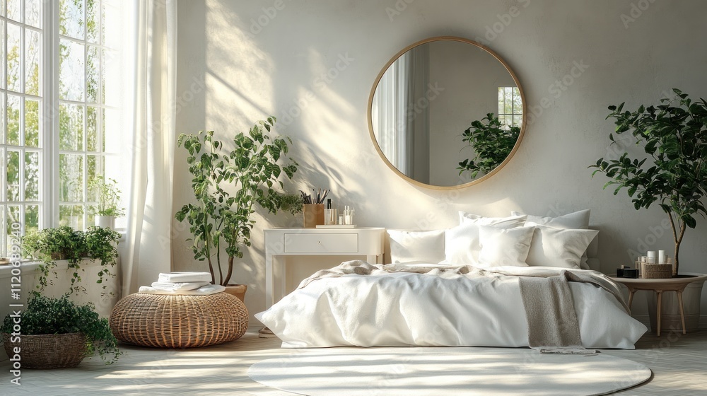 Sunlit bedroom with white bedding, plants, and a large round mirror. Sunlit bedroom with white bedding, plants, and a large round mirror.