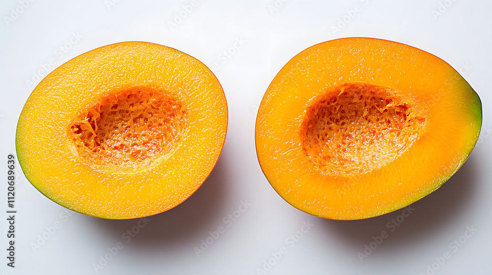 Two halves of a ripe, orange kabocha squash, seeds removed, displayed on a white background. The vibrant color and smooth texture are evident. Two halves of a ripe, orange kabocha squash, seeds removed, displayed on a white background. The vibrant color and smooth texture are evident.
