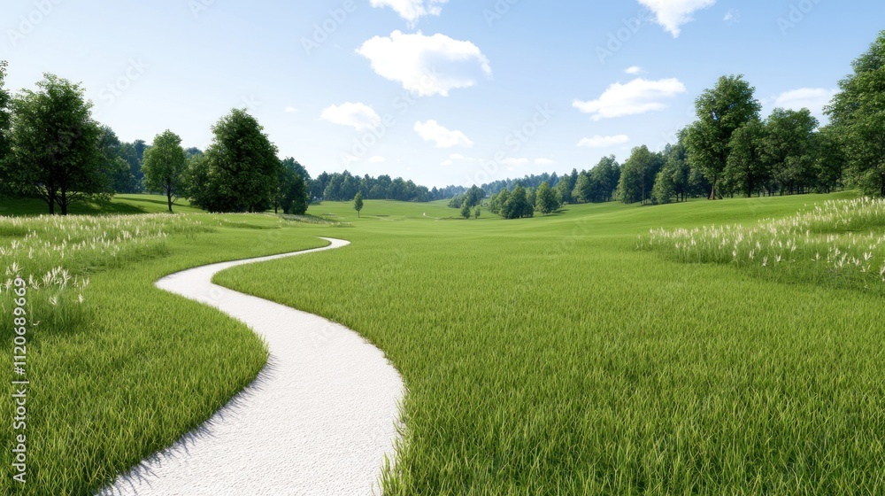 Naklejka premium Serene landscape with a winding path through lush green fields.