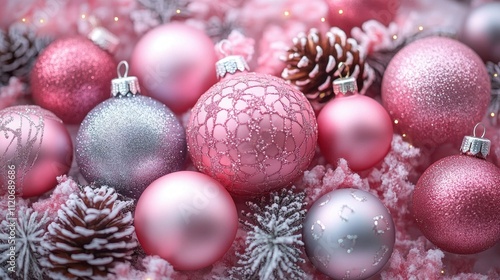 Christmas decorations in pink and silver with fir tree on soft background bright lighting festive still life photo