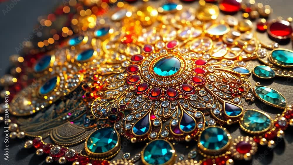 Opulent Jewel-Encrusted Ornament: A Close-Up of Exquisite Indian Gold Jewelry with Vibrant Gemstones Opulent Jewel-Encrusted Ornament: A Close-Up of Exquisite Indian Gold Jewelry with Vibrant Gemstones