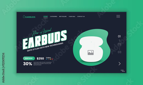 Earbuds Website Landing Page, Web Banner, and Homepage Hero Section User Interface Design Template or new arrival  Earbuds sale web banner design