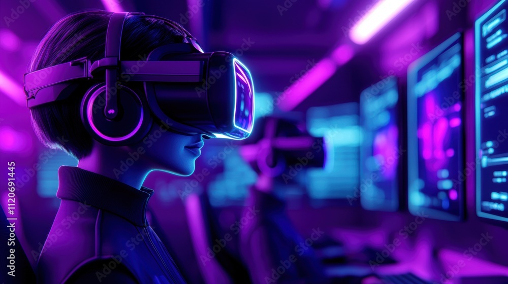 Futuristic gamers immersed in virtual reality experience Futuristic gamers immersed in virtual reality experience
