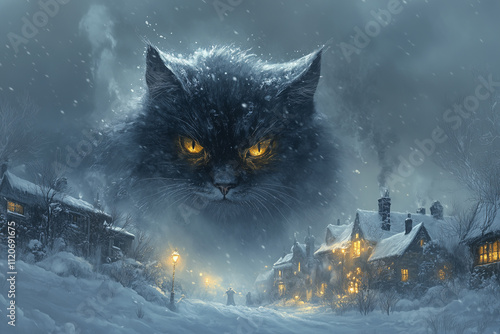 Illustration of the Yule cat, a huge and vicious cat from Icelandic Christmas folklore that lurks in the snowy countryside
