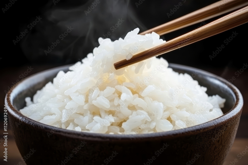 White rice being carefully served with chopsticks with steam rising from the bowl against a dark background.