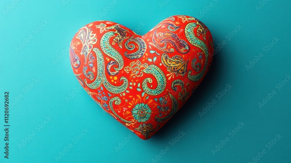 A decorative heart-shaped object with vibrant patterns on a turquoise background. A decorative heart-shaped object with vibrant patterns on a turquoise background.