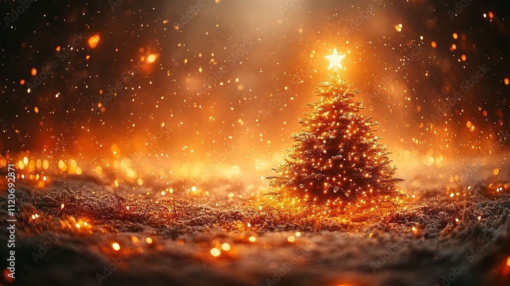 Illuminated Christmas Tree in a Snowy Magical Setting Illuminated Christmas Tree in a Snowy Magical Setting