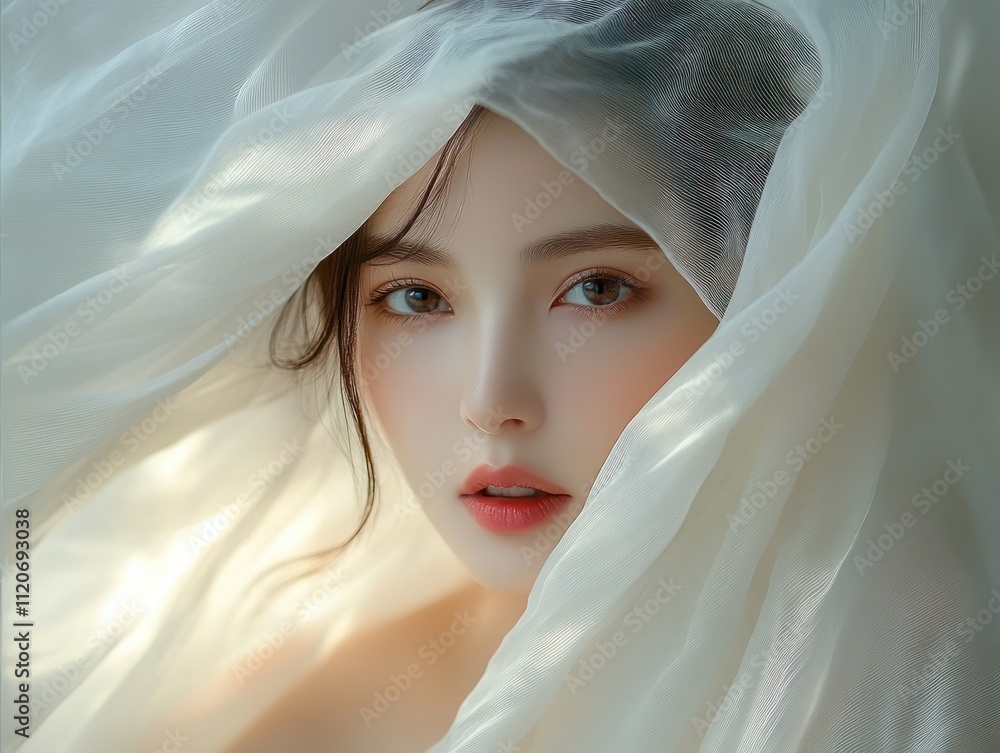 Pure Beauty of an Asian Woman Wrapped in Soft Flowing White Fabric with Delicate Light Pure Beauty of an Asian Woman Wrapped in Soft Flowing White Fabric with Delicate Light
