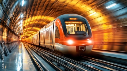 A high-speed train traveling through a glowing underground tunnel.