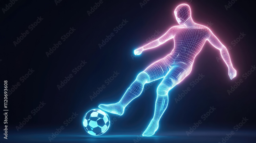 Dynamic wireframe soccer player radiating neon energy executes powerful kick motion, captured in futuristic digital side profile against dark space. Dynamic wireframe soccer player radiating neon energy executes powerful kick motion, captured in futuristic digital side profile against dark space.