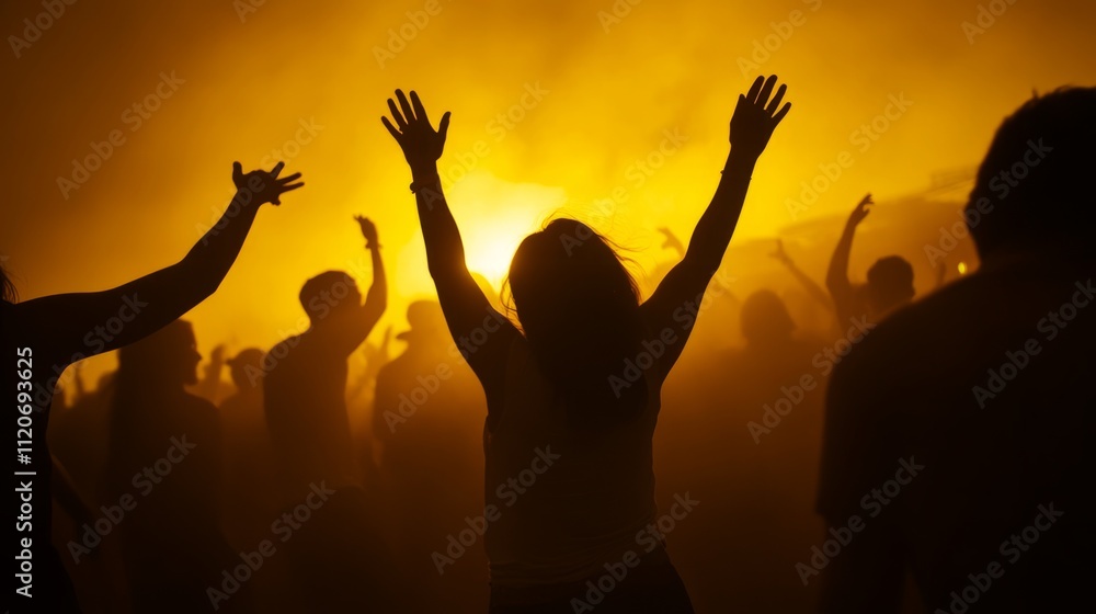 People at the party dance and celebrate wildly, with the colors of yellow and blue accentuated People at the party dance and celebrate wildly, with the colors of yellow and blue accentuated
