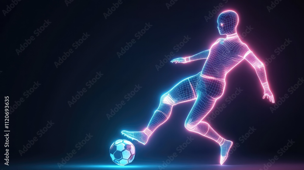 Dynamic wireframe soccer player radiating neon energy executes powerful kick motion, captured in futuristic digital side profile against dark space. Dynamic wireframe soccer player radiating neon energy executes powerful kick motion, captured in futuristic digital side profile against dark space.