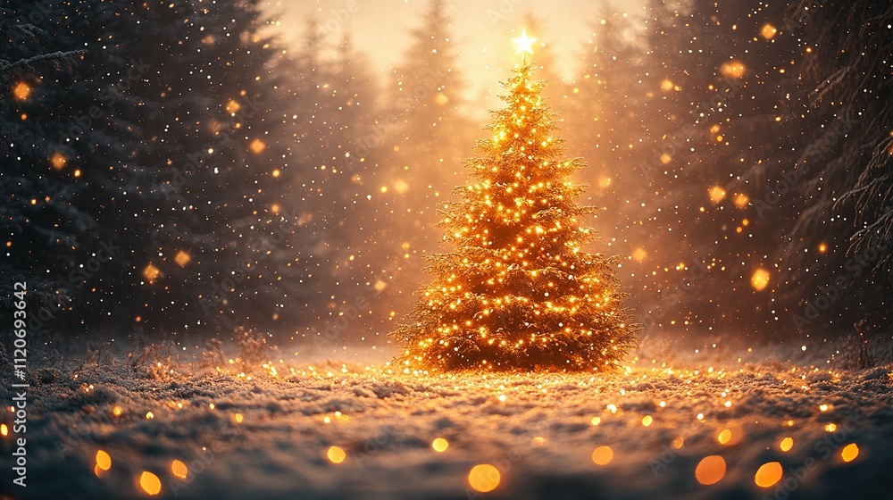 Illuminated Christmas Tree in Snowy Winter Forest Illuminated Christmas Tree in Snowy Winter Forest