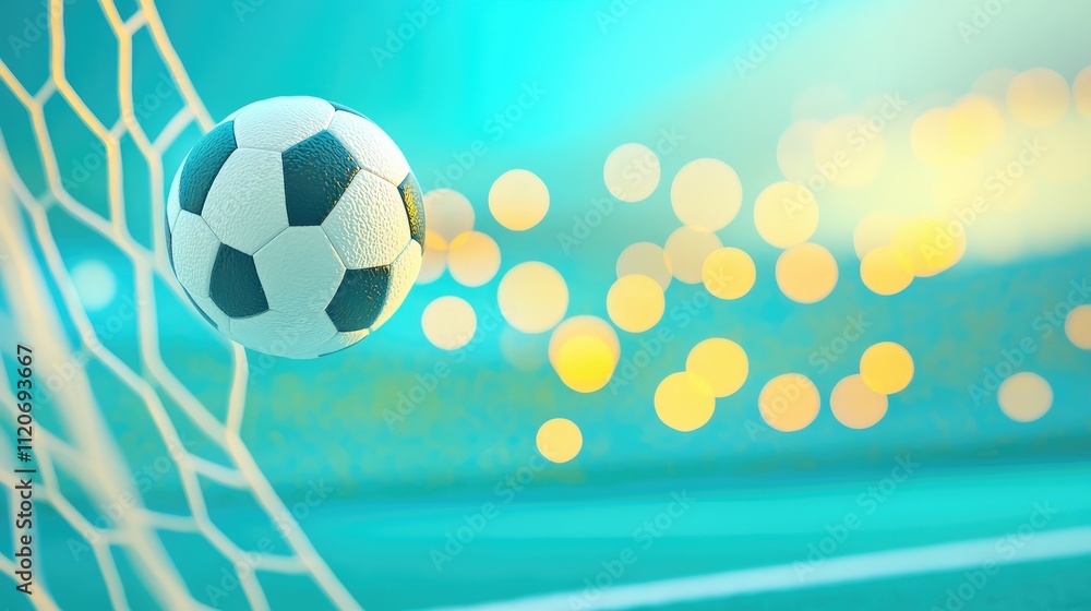 Obraz premium Powerful soccer ball soaring into goal net with dynamic motion trails creates energetic scoring moment in modern vector banner design.