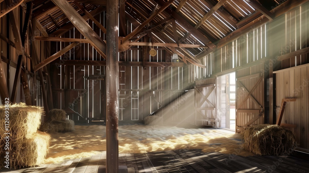 Photorealistic image of a rustic barn interior bathed in soft sunlight
Photorealistic image of a rustic barn interior bathed in soft sunlight