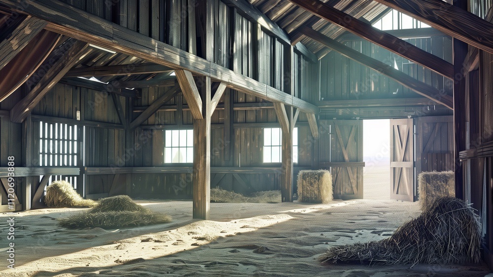 Photorealistic image of a rustic barn interior bathed in soft sunlight
Photorealistic image of a rustic barn interior bathed in soft sunlight