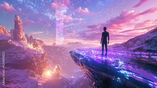 A silhouetted figure stands on a luminous, futuristic pathway that appears to float above a stunning, surreal landscape. The pathway is glowing with vibrant blue and purple lights, contrasting against photo