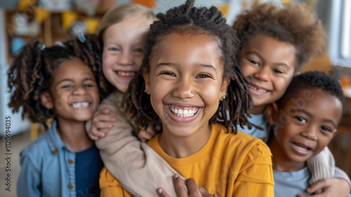 Overjoyed multiethnic kids embracing a happy teacher in a Montessori school.